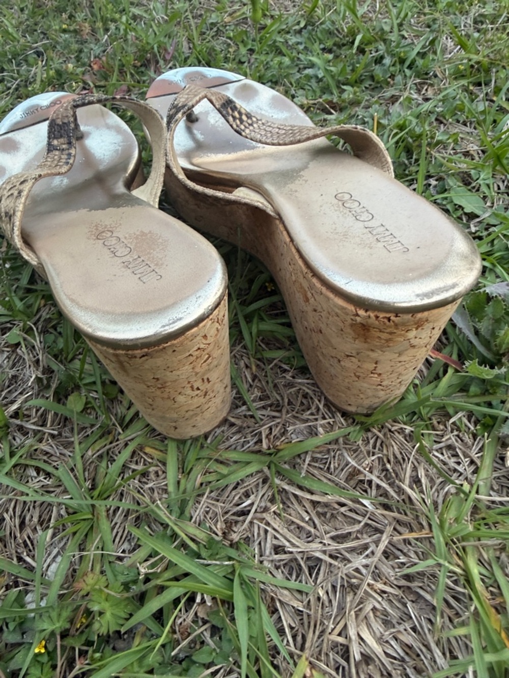 Jimmy Choo Gold Snake-Print Wedge Thong Sandals - Picture 3 of 6